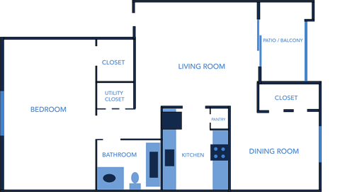 Floor plan for 1 bed, 1 bath, 755 sqft